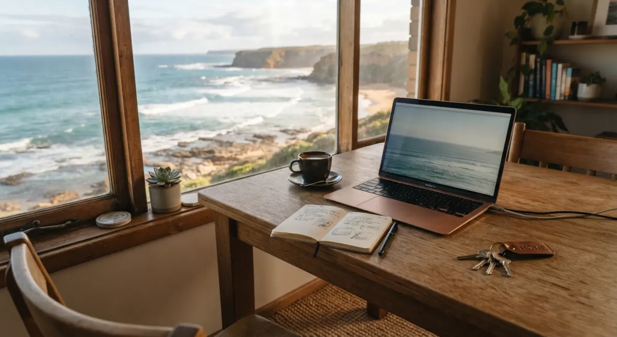 Laptop, notebook and coffee on a wooden desk by a window overlooking the ocean